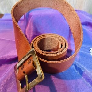 Thick Brown Cow Hide Leather Belt with Brass Buckle 54” In Length